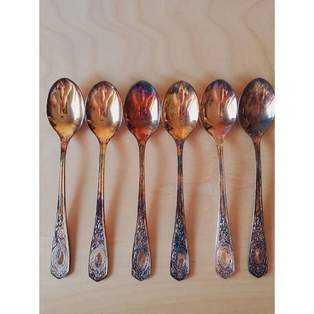 Set of 6 Spoons Elegant Design Silver Gold Tarnished With Box New